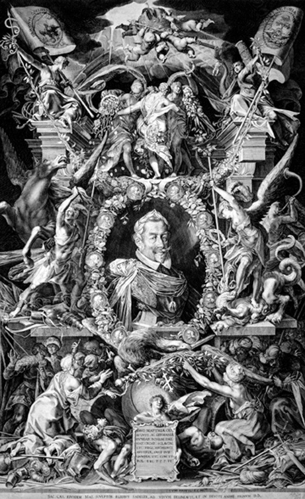 Old master print Engraving: Aegidius Sadeler (1570 - 1629). Ritratto dell'Imperatore Mattia. 1614 Bulino. mm 660x417. Le Blanc, 82. TIB 72 Part 2 Supp, 318. Hollstein (Dutch) XXI, 310. II o III stato su 4. (1)