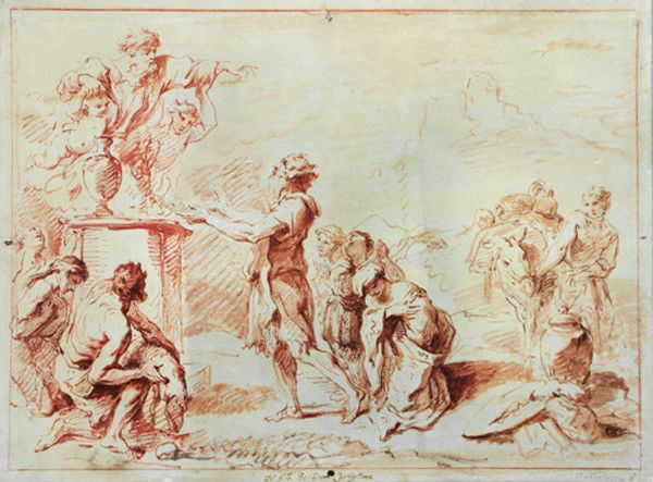 Old master drawing: Francesco Bartolozzi (1728 - 1815). Il sacrificio di Noè. 1765 Acquerello rosso e matita rossa su carta vergellata. mm 345x463. Annotazione «Di Gio. Benedetto Castiglione» apposta a penna in antica