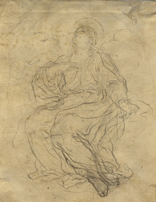 Old master drawing: Pietro (detto Pietro da Cortona) Berrettini (1596 - 1669) [scuola di]. Studio per una Vergine Maria (recto) / Studi per angeli e Santa (verso). Recto: Penna e inchiostro grigio. Verso: Matita di grafi
