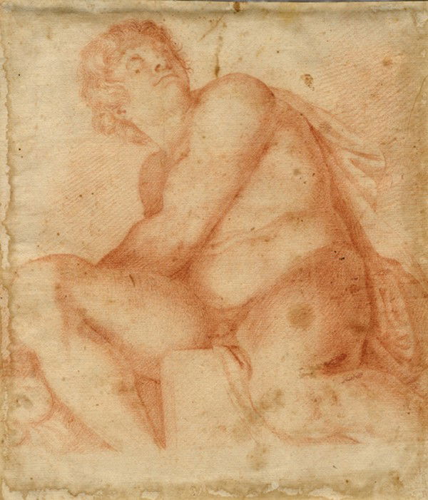 Old master drawing: Annibale Carracci (1560 - 1609) [da]. Nudo maschile seduto. 1610 Matita rossa su carta vergellata con filigrana seicentesca "Ancora in un cerchio e lettere LM sormontato da stella a sei punte" (cfr. H