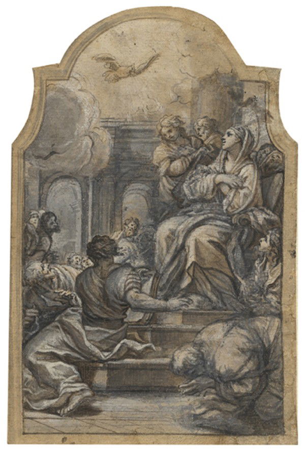 Old master drawing: Cosimo Ulivelli (1625 - 1704). La Pentecoste. Penna e inchiostro bruno, tempera azzurra e rialzi a tempera bianca su carta vergellata. mm 205x135. (1)