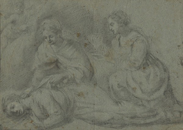 Old master drawing: Scuola fiorentina, XVII secolo. Studio per la morte di Santa Cecilia. Gessetto nero su carta vergellata con preparazione grigio-verde. mm 221x305. Al recto in basso a sinistra timbro della collezione 