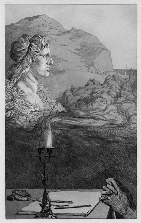 Modern master print Etching and acquatint: Max Klinger (1857 -1920). Malerische zueignung (anrufung). 1879 Acquaforte e acquatinta. mm 413x260. Foglio: mm 590x440. Singer, 25. Firmata in basso a sinistra a caratteri tipografici. Prima tavola d