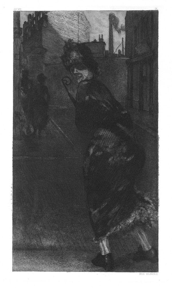 Modern master print Etching and acquatint: Max Klinger (1857 -1920). Auf der strasse. 1884 Acquaforte e acquatinta. mm 297x175. Foglio: mm 630x450. Singer, 135. Firmata in basso a destra a caratteri tipografici. Nona tavola da Ein leben. Opus