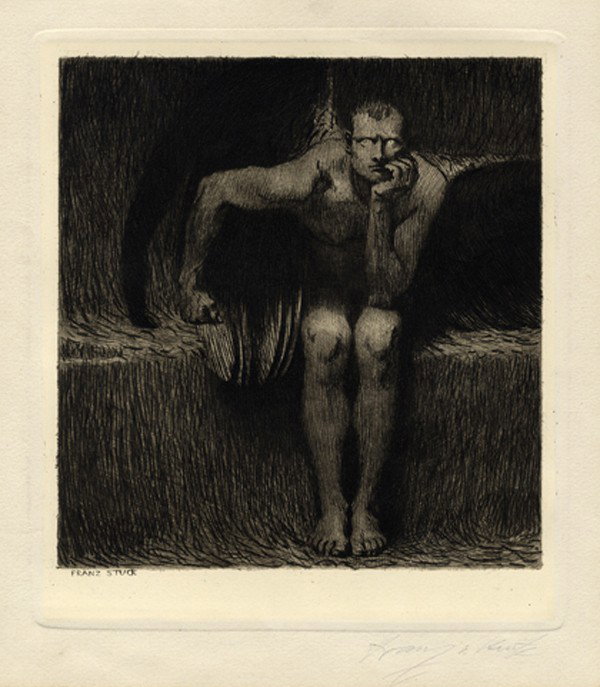 Modern master print Etching: Franz Von Stuck (1863 - 1928). Lucifer. 1890 Acquaforte. mm 240x212. Foglio: mm 520x380. Hardtwig, 43. Firmata a matita in basso a destra. Dall'omonimo dipinto del 1890 (Bierbaum, tav. 23). I stato su