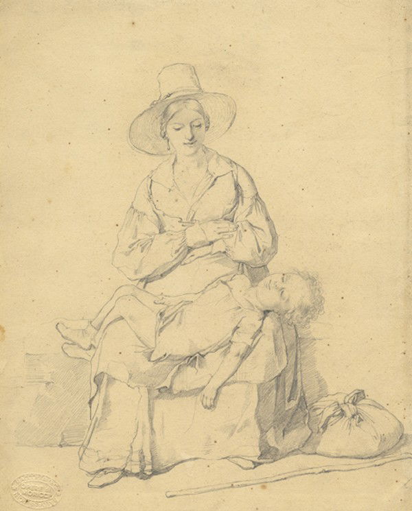 Modern master drawing: Giuseppe Moricci (1806 - 1879). Madre con figlio dormiente in grembo. Matita di grafite su carta avorio. mm 230x189. In basso a sinistra il timbro a secco della collezione Baldasseroni dei disegni di