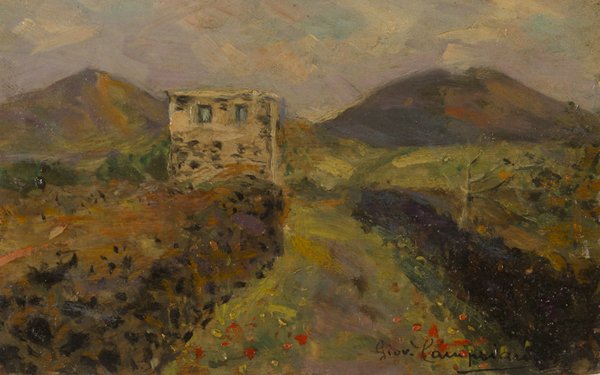 Campriani Giovanni: Campriani Giovanni. Paesaggio con casa. Olio su tavoletta, cm 11 x 17,5. In cornice dorata e laccata, cm 30,5 x 37. Firmato in basso a destra: Giov. Campriani.
