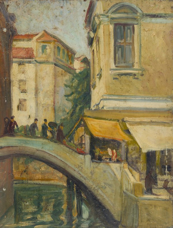 Ignoto del XX secolo: Ignoto del XX secolo. Scorcio di Venezia. Olio su tavoletta, cm 35 x 27. In cornice cm 54 x 44.