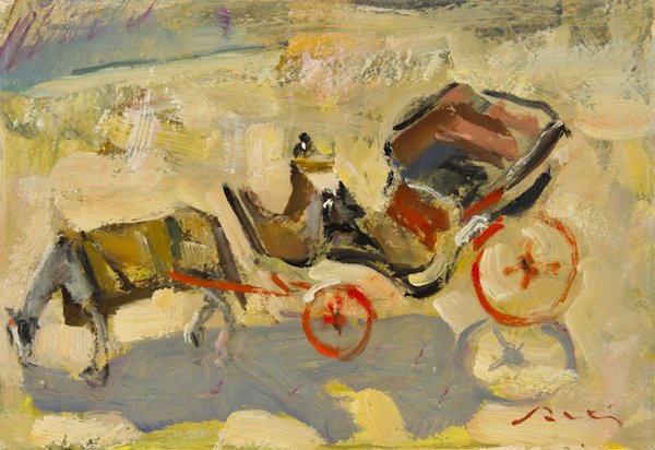 Salti Giulio: Salti Giulio. Carrozza. Olio su cartone, cm 18 x 26. In cornice dorata, cm 38 x 46. Firmato in basso a destra: Salti.