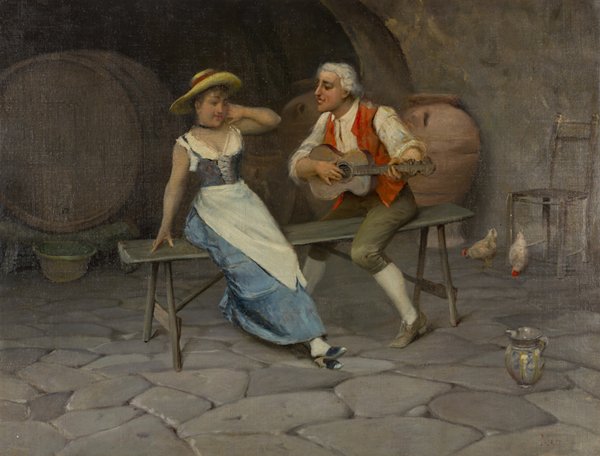 Scuola italiana della fine del XIX secolo: Scuola italiana della fine del XIX secolo. La serenata. Olio su tela, cm 48 x 63. In cornice intagliata e dorata, cm 71,5 x 56,5. Firmato in basso a destra: Masi.