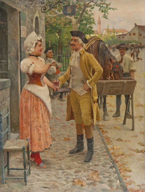 Scuola italiana della fine del XIX secolo: Scuola italiana della fine del XIX secolo. La sosta. Olio su tela, cm 63,5 x 48,5. In cornice intagliata e dorata, cm 71,5 x 56,6. Firmato in basso a destra: Masi.