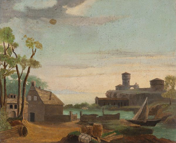 Scuola italiana della fine del XIX secolo: Scuola italiana della fine del XIX secolo. Paesaggio lacustre con barca e torri. Olio su tela, cm 20,5 x 24. In cornice dorata, cm 39 x 43.