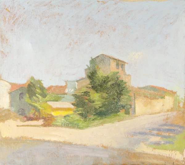 Scuola toscana della metà del XX secolo: Scuola toscana della metà del XX secolo. Paesaggio toscano con case. Olio su tela, cm 45 x 50,5. In cornice dorata e laccata, cm 65,5 x 71.