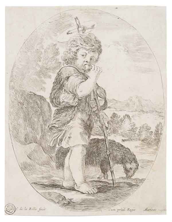 Stefano Della Bella: Stefano Della Bella (1610 - 1664), San Giovannino. 1641. Acquaforte. mm 172x131. De Vesme/Massar, 25. Firmata sulla lastra in basso a sinistra. III stato su tre dopo l'excudit di Mariette e il privile