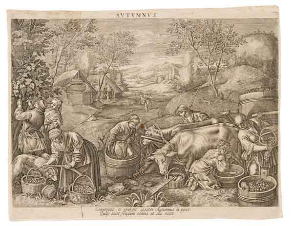 Johannes I Sadeler, Raphael I Sadeler: Johannes I Sadeler, Raphael I Sadeler (1550 -1600, 1561 - 1628) [da], Le quattro stagioni. 1601. Bulino. mm 205/210x268/275. Serie completa ed omogenea di 4 incisioni, copie dall'omonima serie incisa 