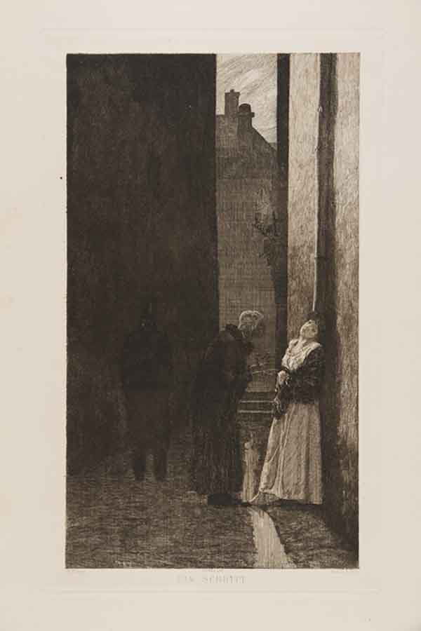 Max Klinger: Max Klinger (1857 - 1920), Ein schritt. 1882. Acquaforte. mm 457x280. Foglio: mm 560x477. Singer, 148. Firmata sulla lastra in basso a sinistra a caratteri tipografici. Seconda tavola di Dramen. Opus