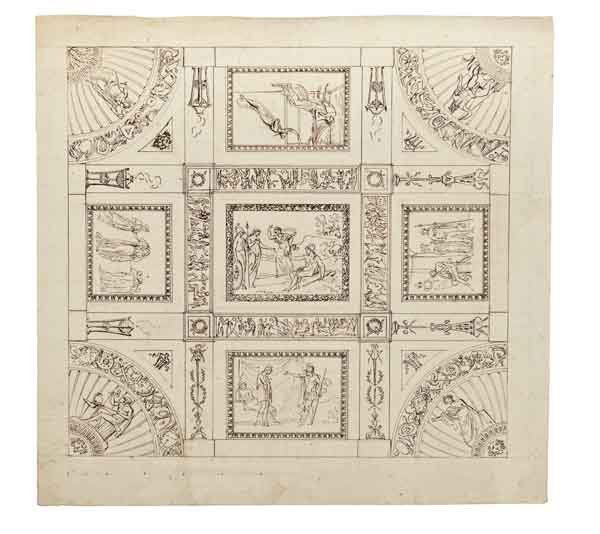 Antonio Basoli: Antonio Basoli (1774 - 1848), Studio per la decorazione di un soffitto. Penna e inchiostro bruno e tracce di matita di grafite su carta vergellata con filigrana "Stemma con corno da caccia su lettere