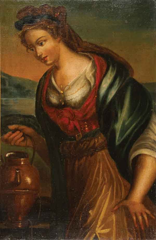 Italian school, second half 18th: Scuola italiana della seconda metà del XVIII secolo, Samaritana al pozzo. Olio su tela, cm 45 x 29,5 In cornice, cm 55 x 40 **English translation** Oil on canvas, in 17,7 x 11,6 In a wood frame, in 2
