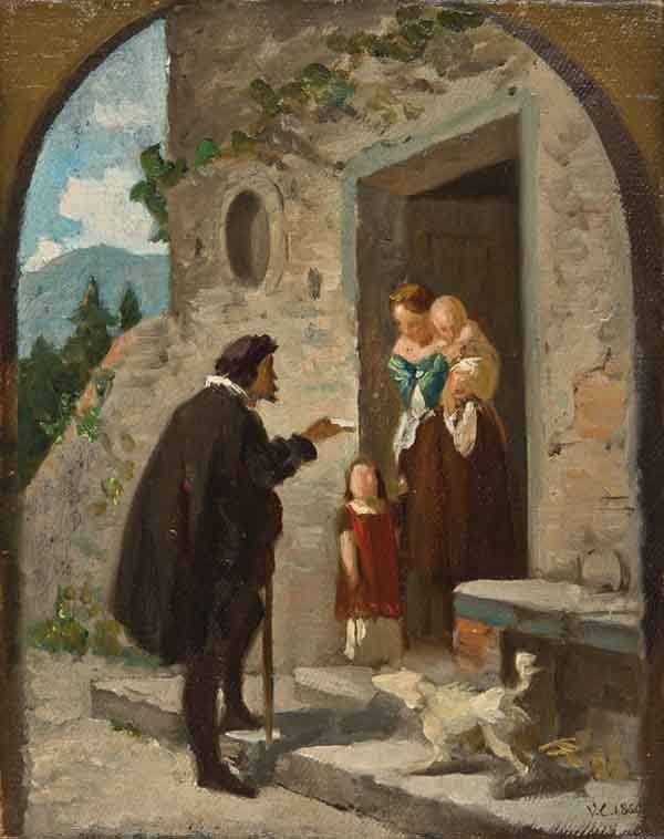 Vincenzo Cabianca: Vincenzo Cabianca (1827 - 1902) [attribuito a], La consegna della lettera. Olio su tela, cm 33,5 x 27 In cornice, cm 46,5 x 40 In basso a destra: siglato e datato V. C. 1860 **English translation** Oi