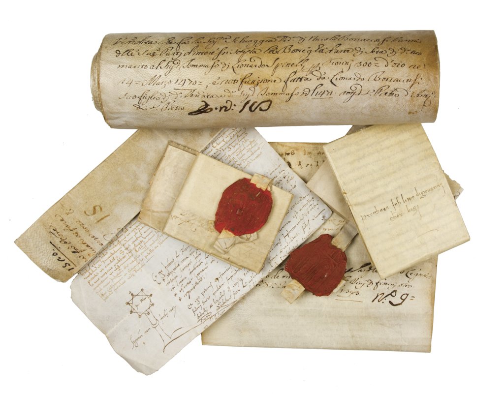 Manoscritto relativo alla vendita di una bottega..: Manoscritto relativo alla vendita di una bottega d'arte di seta. 1471. Rotolo pergamenaceo in inchiostro nero (mm 3000x280). Scritto il recto (solo alcune righe al verso vergate da mano successiva). T