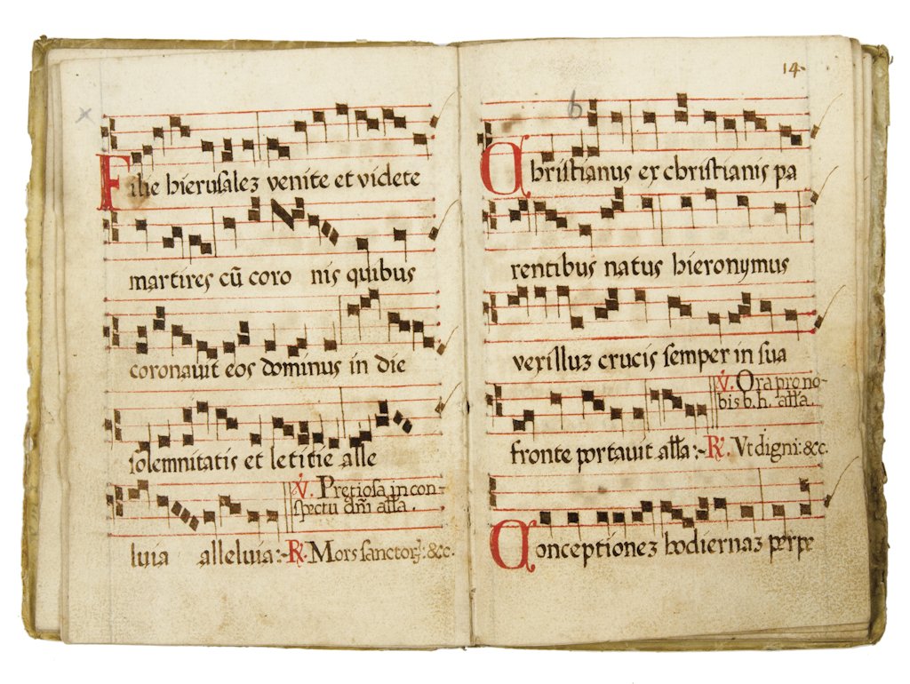 Libro di canto fermo e mutazione.: Libro di canto fermo e mutazione. XVII secolo. Manoscritto cartaceo in inchiostro nero e rosso. 34 carte (numerate da antica mano 1-30) scritte recto e verso. Note quadrate scritte su tetragrammi trac