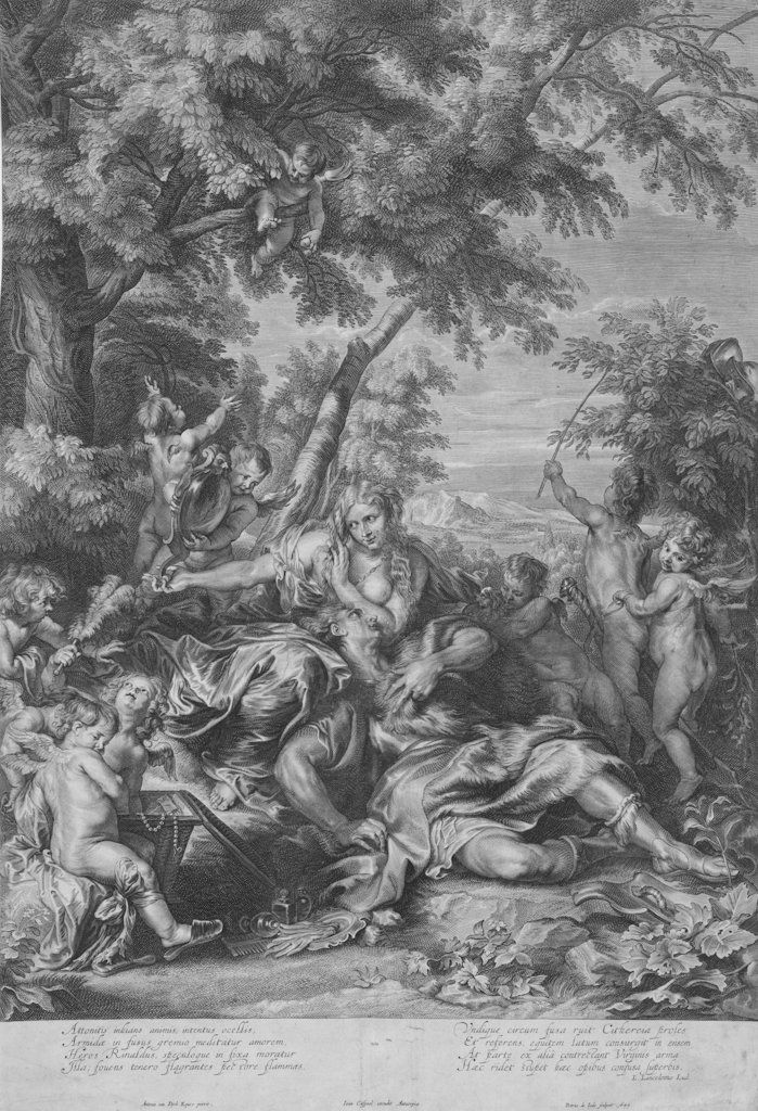 De Jode Pieter, Rinaldo and Armida: De Jode Pieter (1570 - 1634), Rinaldo e Armida 1644. Bulino. mm 605x412. Hollstein (Dutch), 26. Da Anthony van Dyck (Musée du Louvre, Paris, inv. 1235). Nel margine inferiore bianco: «Antonio van Dy