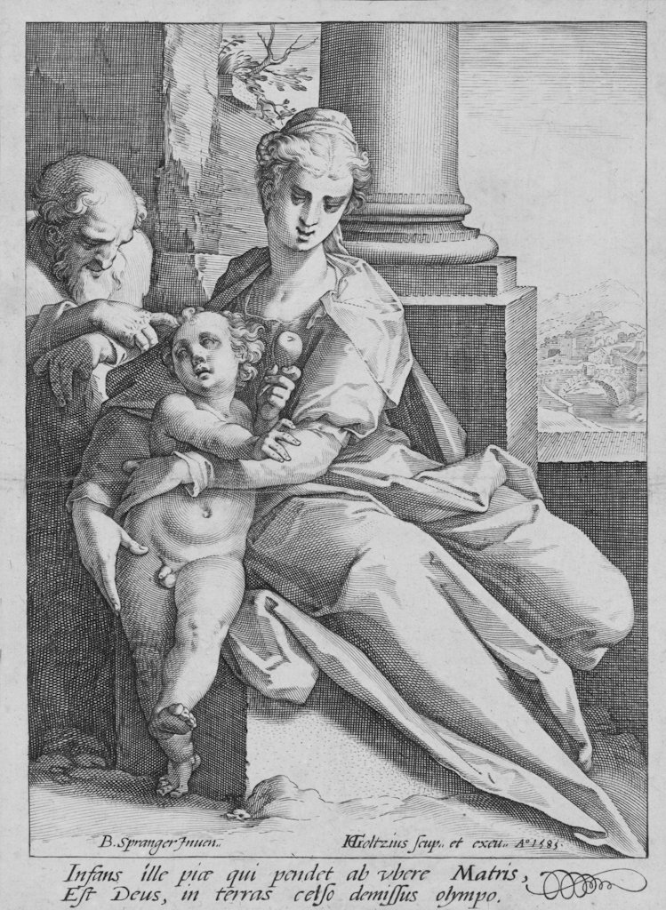 Goltzius Hendrik, The Holy Family: Goltzius Hendrik (1558 - 1617), Sacra Famiglia davanti alla colonna 1585. Bulino. mm 170x121. Bartsch, 274. Hollstein (Dutch), 318.I. Strauss (Goltzius), 219. Firmato e datato sulla lastra in basso a 