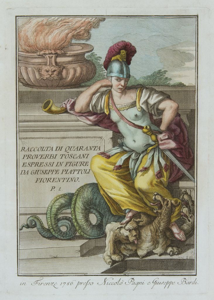 Lasinio Carlo, from Giuseppe Piattoli: Lasinio Carlo (1759 - 1838), Raccolta di 40 proverbi toscani espressi in figure da Giuseppe Piattoli fiorentino P1 1786. Serie completa ed omogenea di quarantuno acqueforti acquerellate (1 frontespizi