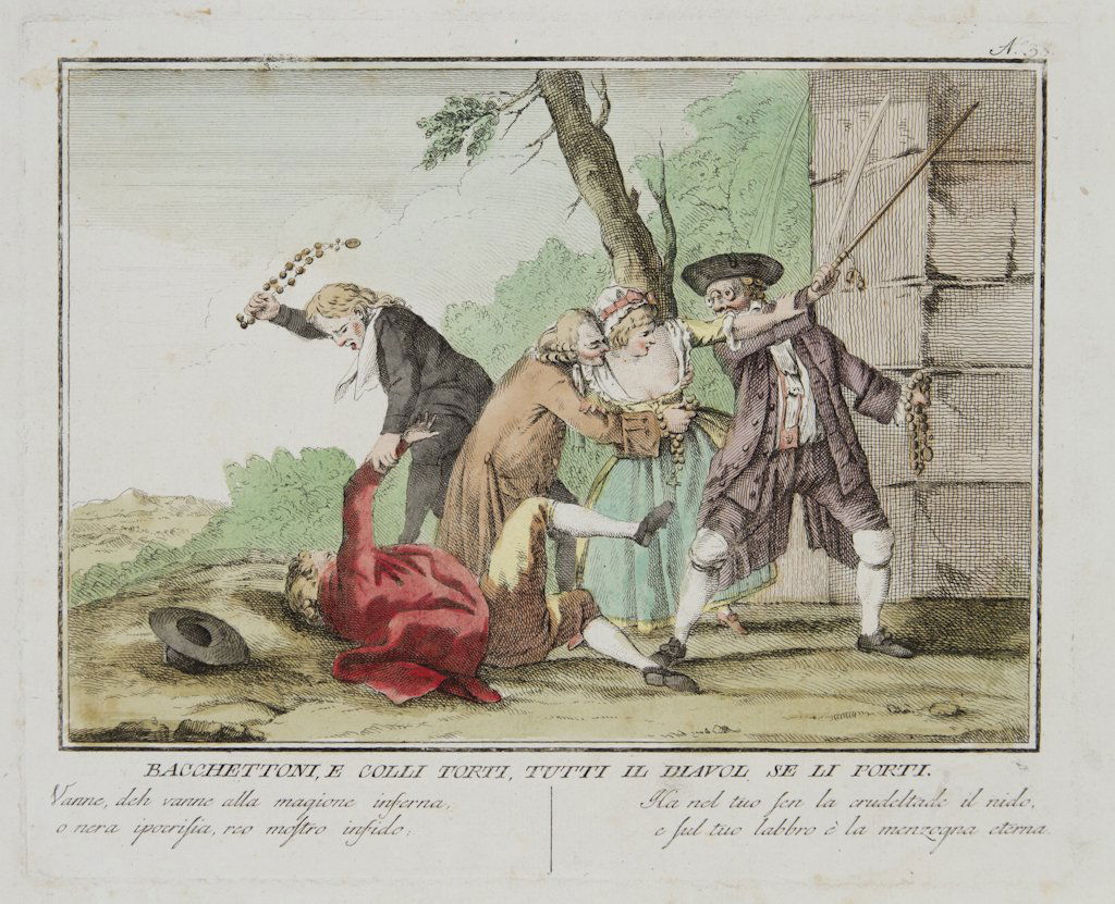 Lasinio Carlo, from Giuseppe Piattoli: Lasinio Carlo (1759 - 1838), Bacchettoni, e colli torti, tutti il diavol se li porti 1788. Acquaforte acquerellata in coloritura d'epoca. mm 236x289. Foglio: mm 290x410. Cassinelli, III. Tavola tratta