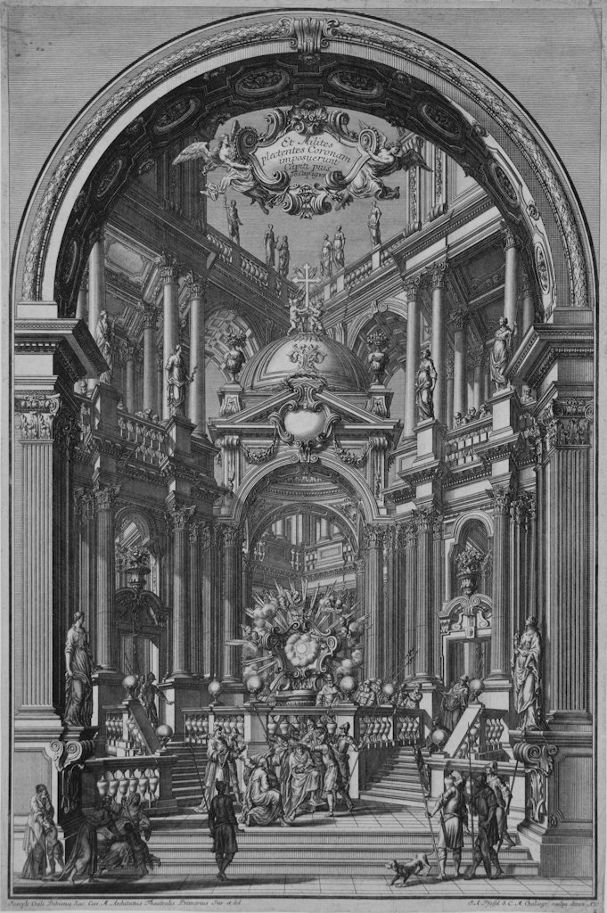Pfeffel Iohann Andreas: Pfeffel Iohann Andreas (1674 - 1748), Scenografia architettonica con l'incoronazione di spine Bulino. mm 496x330. In basso ai lati: «Joseph Galli Bibiena Sac. Caes. M. Architectus Theatralis Primariu