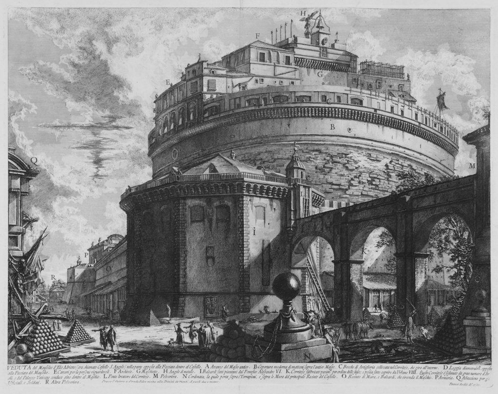 Piranesi Giovanni Battista, View of Rome: Piranesi Giovanni Battista (1720 - 1778), Veduta del Mausoleo d'Elio Adriano (ora chiamato Castello S Angelo) 1754. Acquaforte. mm 432x560. Foglio: mm 520x750. Focillon, 743. Hind, 30.I. Firmata sulla