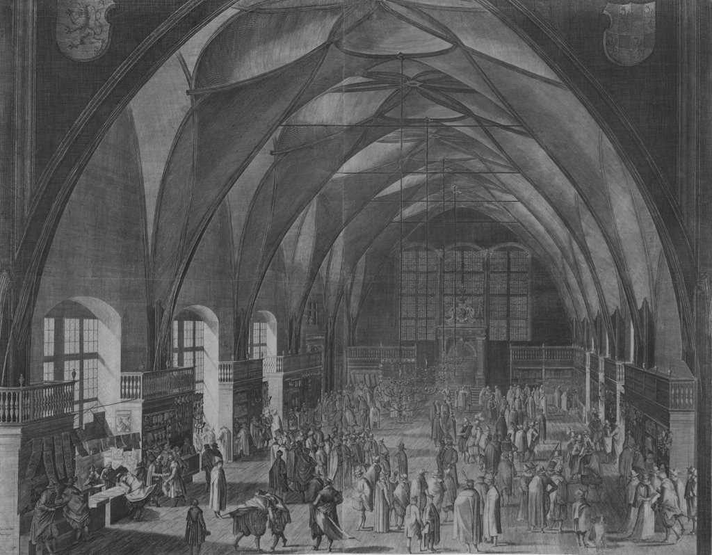 Sadeler Aegidius, Great Hall of Castle in Prague: Sadeler Aegidius (1570 - 1629), La sala di Venceslao nel castello di Praga 1607. Bulino. mm 478x614. In basso a sinistra, sulla lastra: «Sac. Cae. Me. / Privilegio». Eseguita durante il soggiorno a