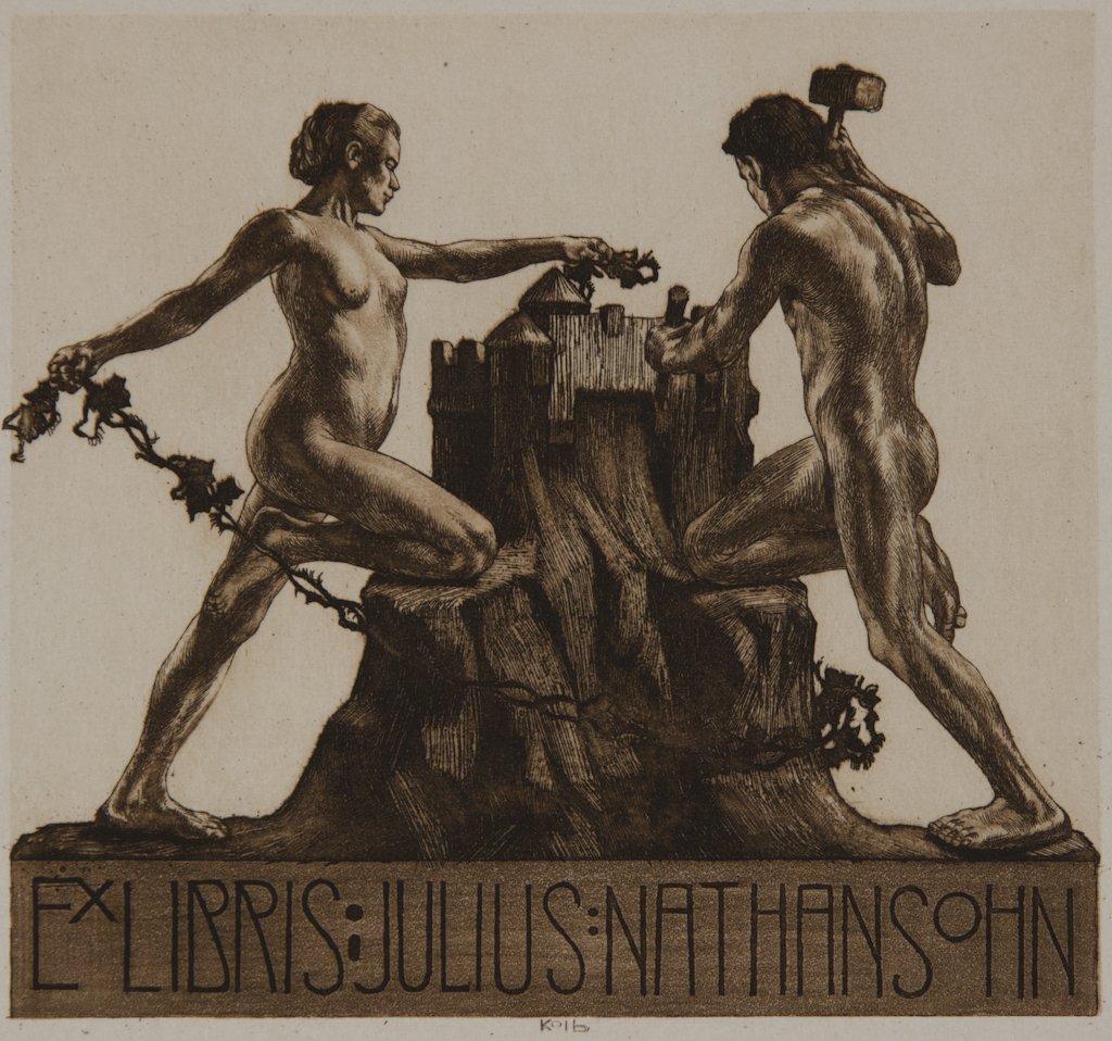 Kolb Alois: Kolb Alois (1875 - 1942), Due ex libris Ex libris Max Heilbrunn. Acquaforte e acquatinta. mm 177x177. Braungart, Der Akt, 36. Firmata sulla lastra in basso a destra. Ex libris Julius Nathansohn. Acqua