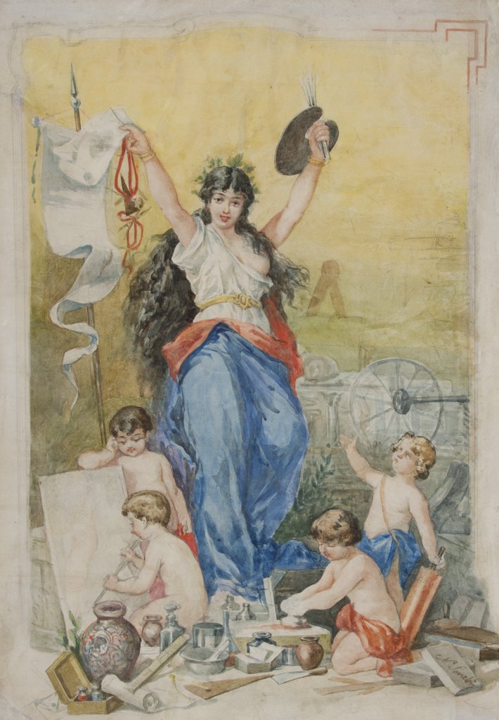 Sanesi Nicola: Sanesi Nicola (1818 - 1889), Allegoria della pittura Matita di grafite e acquerello policromo su carta. Firmato in basso a destra entro una tavoletta. Interessante acquerello nel quale l'artista raffi
