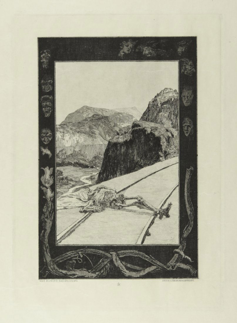 Max Klinger, Auf den Schienen.: Max Klinger (1857-1920). Auf den Schienen. 1889. Acquaforte e acquatinta. mm 264x192. Foglio: mm 550x310. Singer,178. Stampato nel margine inferiore: «Max Klinger Rad. Op. 11. I. TH. No 8.- Druck v.