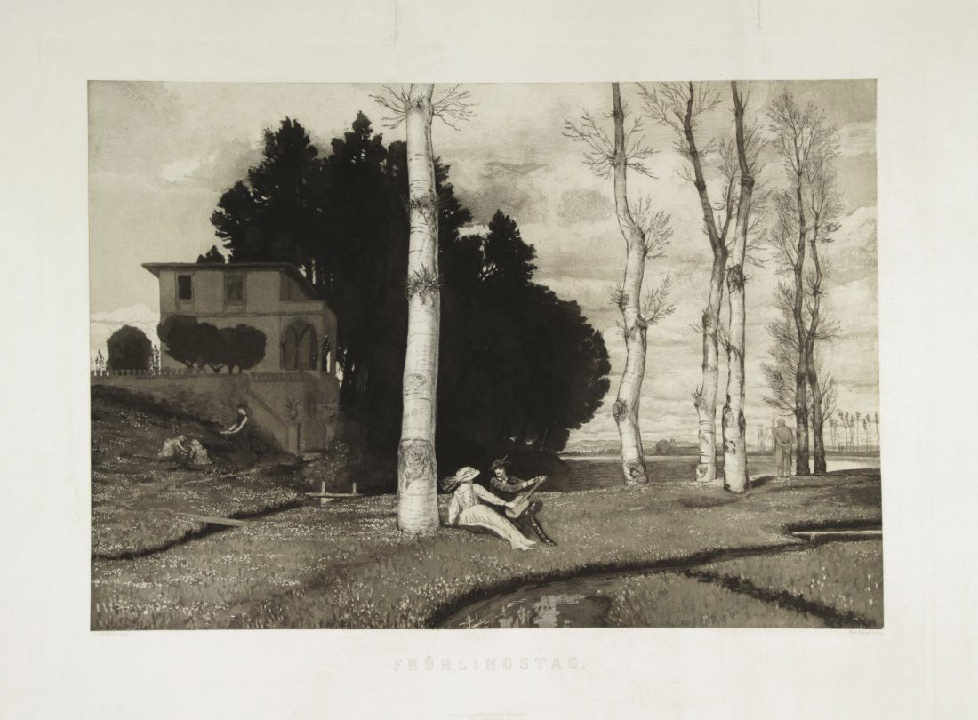 Max Klinger, Früling: Max Klinger (1857-1920). Früling (Primavera o Le tre età dell'uomo). Acquaforte e acquatinta. mm 612x776. Foglio: mm 700x885. Singer, 328. In basso ai lati, sotto alla parte incisa: «A. Böcklin pi