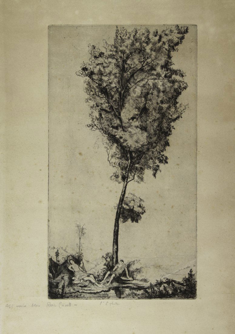 Renzo Crivelli, L'estate.: Renzo Crivelli (1911-1997). L'estate. Acquaforte. mm 335x183. Foglio: mm 471x300. A matita, sotto al soggetto inciso, titolo e dedica firmata dell'artista: «Al mio amico Livio (?) Renzo Crivelli». (