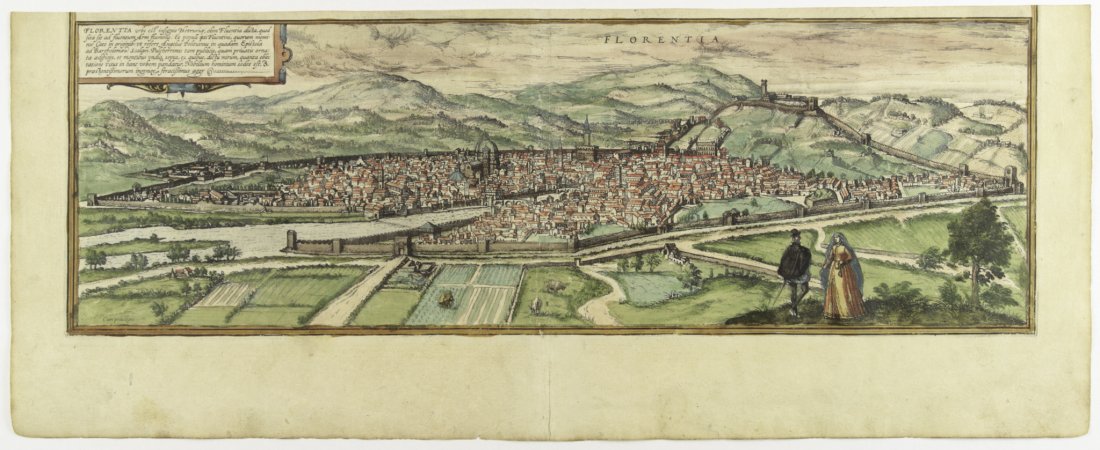 Florence: Georg Braun Franz Hogemberg. Florentia. 1572. Incisione in rame con acqurellatura antica. mm 161x482. Foglio: mm 210x532. Titolo in alto al centro e a sinistra cartiglio con testo in latino. Al verso 