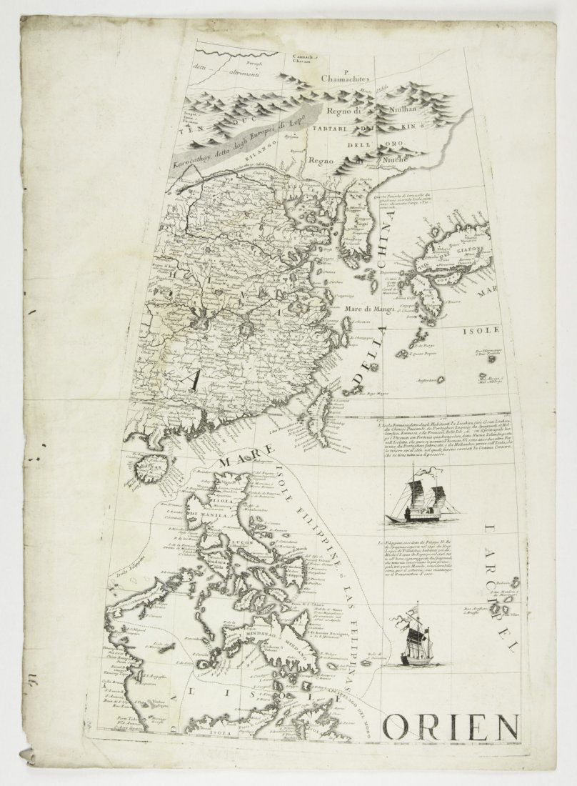 China, Japan, Philippines: Vincenzo Maria Coronelli. Carta che contiene la descrizione geografica, storica e degl'imperi del Giappone e della Cina. 1705 ca. 2 fogli parte dei 12 fusi del Globo terrestre da 3 piedi e mezzo costr