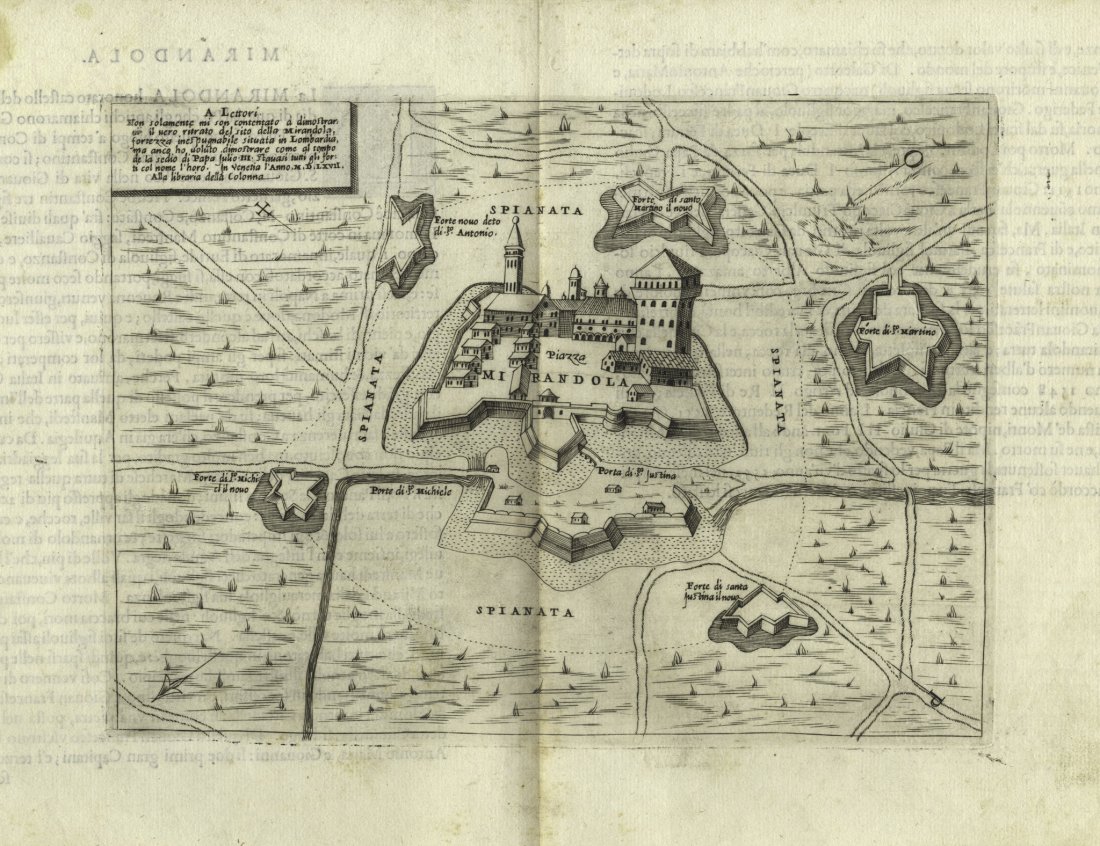 Mirandola: Paolo Forlani. Mirandola. 1567. Incisione in rame. mm 193x262. Foglio: mm 272x413. Titolo al centro sulla lastra. In alto a sinistra, entro cornice: «A Lettori / Non solamente mi son contentato a dim