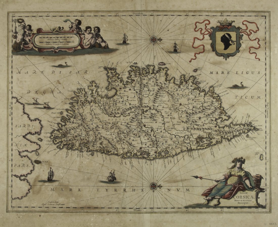 Corsica: Jan Jansson. Insulae Corsicae Nova & accurata Descriptio. 1658 ca. Incisione in rame con acquerellature dei cartigli. mm 385x510 Foglio: 460x550. Carta ornata da tre cartigli con il titolo (in basso a