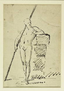 Cades Giuseppe: Giuseppe Cades (1750-1799). Schizzo di figura con lungo bastone che di appoggia. Penna e inchiostro su carta bianca; foglio parzialmente incollato al supporto sottostante; mm. 183 x 116. (1) In buone