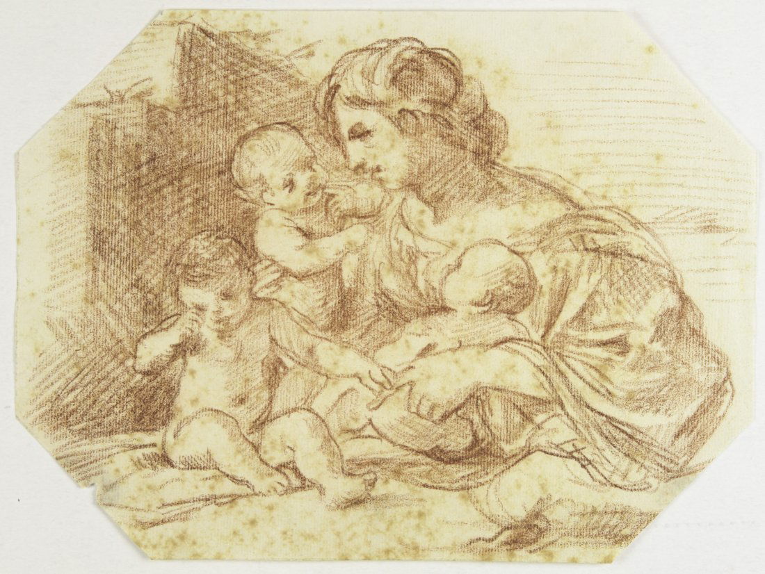 Gennari Cesare: Cesare Gennari (1637-1688). Carità. Matita rossa su carta bianca vergellata e filigranata; mm. 183 x 245. Il foglio è tagliato agli angoli. (1) In buone condizioni, con una lesione in basso a sinis