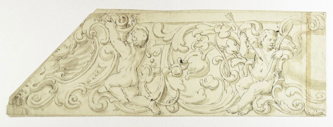 Scuola italiana della fine del XVII secolo: Scuola italiana della fine del XVII secolo. Studio per fregio con putti e racemi. Penna e inchiostro, inchiostro grigio acquarellato, matita rossa, disegno sottostante a matita nera; mm. 179 x 1104.