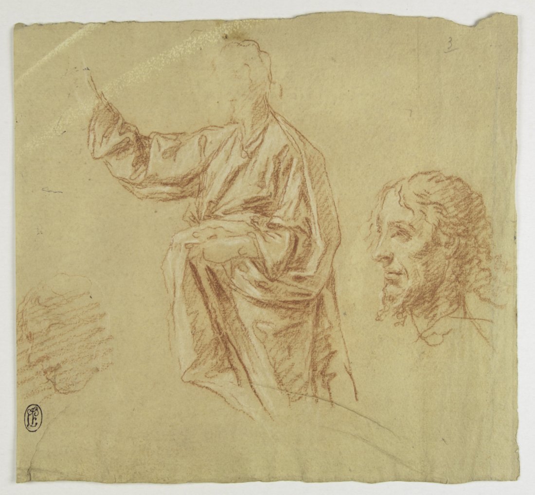 Scuola bolognese della seconda metà del XVI secolo: Scuola bolognese della seconda metà del XVI secolo. Studio di figura orante panneggiata e due teste. Matita rossa e biacca su carta bianca ingiallita; mm. 223 x 245. in basso a sinistra il timbro di 