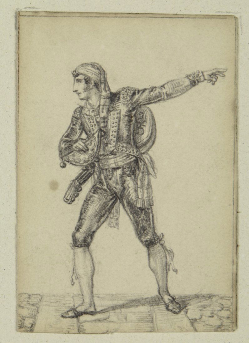 Scuola lombarda della fine del XVIII secolo: Scuola lombarda della fine del XVIII secolo. 4 figurini 1) Figura frontale con cappello piumato: matita nera su carta bianca, mm. 79 x 55; 2) Figura con strumento musicale e braccio sinistro alzato,