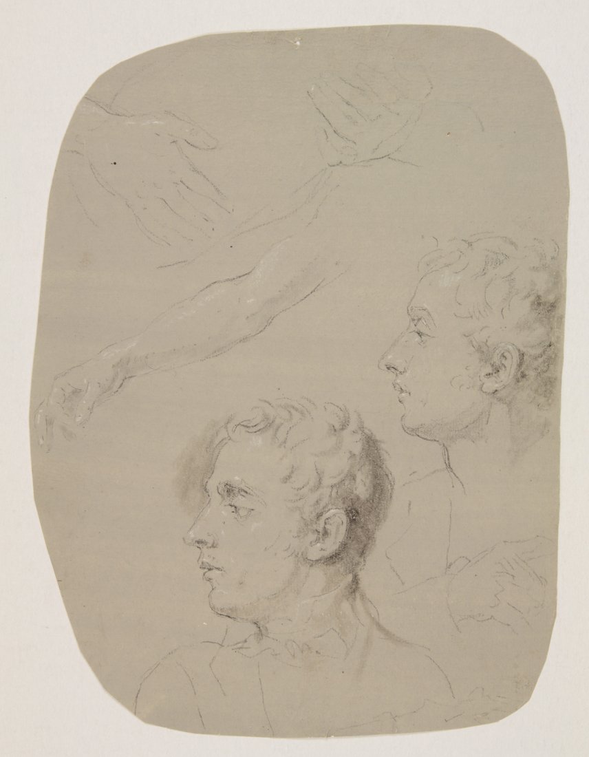 Scuola lombarda della fine del XVIII secolo: Scuola lombarda della fine del XVIII secolo. Lotto di 2 fogli con studi di teste e di figura intera. Carboncino e gesso su carta bianca, preparata e tinta di grigio; 1) Studi di due teste, un braccio