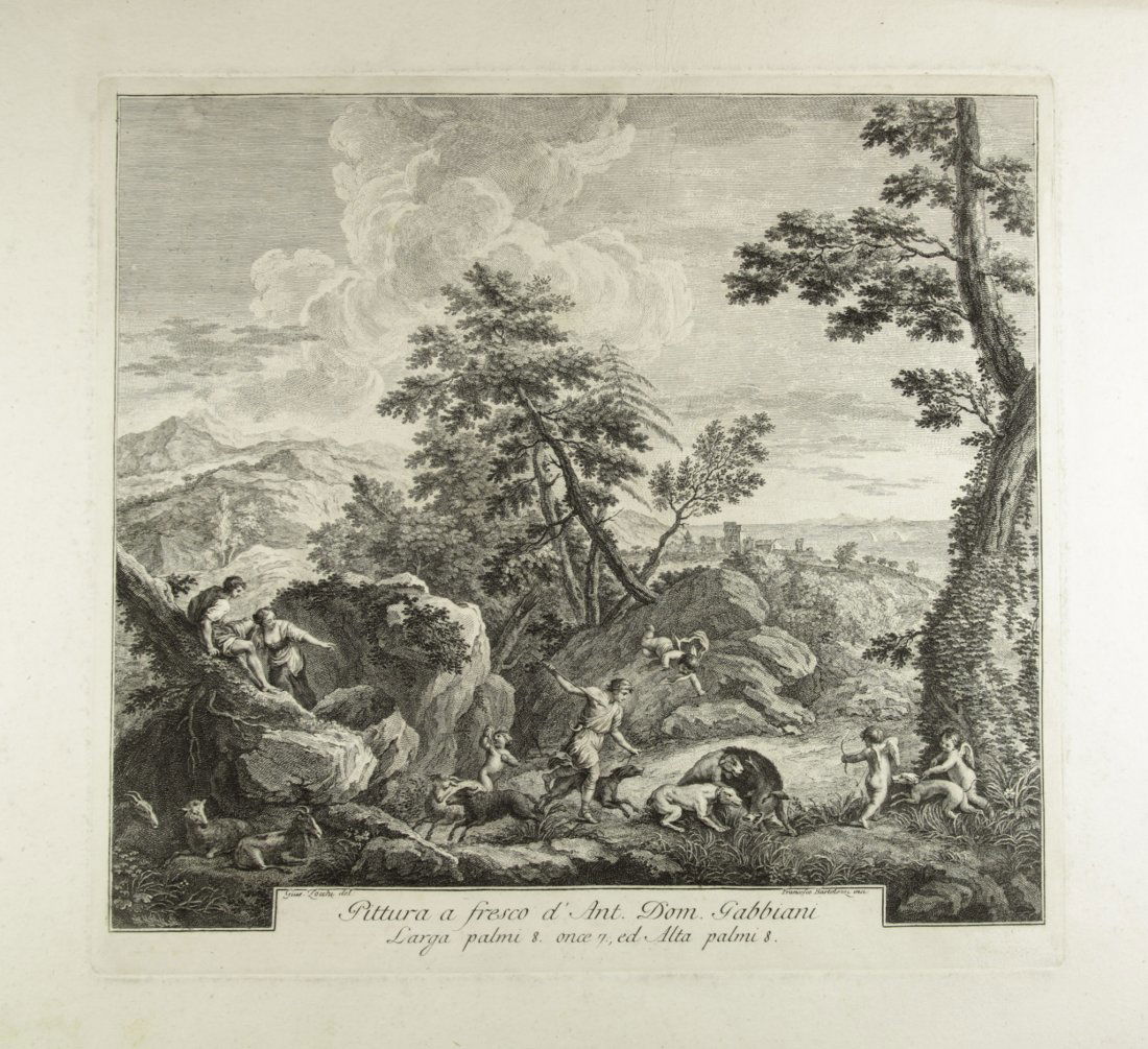 Bartolozzi Francesco: Francesco Bartolozzi (1728-1815). Adone alla caccia. Secolo XVIII. . Acquaforte con lievi ritocchi a bulino; mm. 373 x 405; in basso a sinistra il nome di Giusepppe Zocchi come disegnatore e a destra