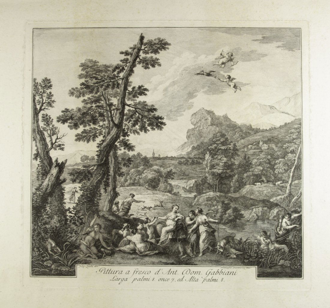 Bartolozzi Francesco: Francesco Bartolozzi (1728-1815). Il riposo di Diana dopo la caccia. Secolo XVIII.. Acquaforte con rari ritocchi a bulino; mm. 373 x 404; stato intermedio tra il terzo e il quarto (DE VESME CALABI 405