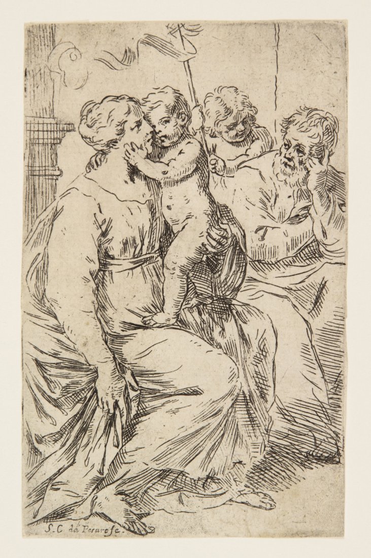 Cantarini Simone: Simone Cantarini (1612-1648). Sacra Famiglia con San Giovannino. Acquaforte, su carta bianca vergellata e filigranata, mm. 132 x 83 (BARTSCH 12; BELLINI 31). Stato unico. (1) Esemplare originale, con